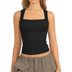 imageATHMILE Tank Tops for Women Square Neck Sleeveless DoubleLayer Tank Tops Basic Tight T ShirtsBlack