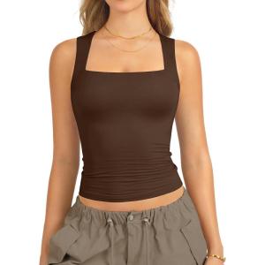imageATHMILE Tank Tops for Women Square Neck Sleeveless DoubleLayer Tank Tops Basic Tight T ShirtsChestnut