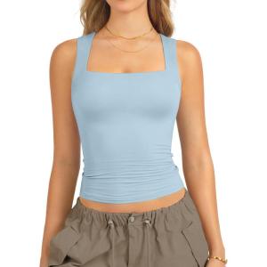 imageATHMILE Tank Tops for Women Square Neck Sleeveless DoubleLayer Tank Tops Basic Tight T ShirtsLight Blue