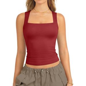 imageATHMILE Tank Tops for Women Square Neck Sleeveless DoubleLayer Tank Tops Basic Tight T ShirtsRed