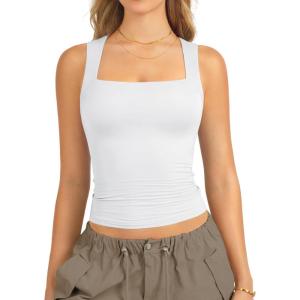 imageATHMILE Tank Tops for Women Square Neck Sleeveless DoubleLayer Tank Tops Basic Tight T ShirtsWhite