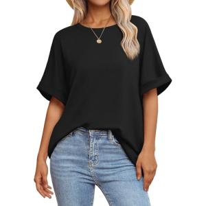 imageATHMILE Womens Oversized T Shirts Summer Tops Spring Casual Loose Fit Workout Short Sleeve 2026 Beach VacationBlack