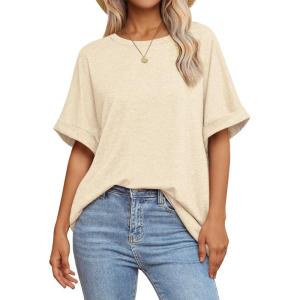 imageATHMILE Womens Oversized T Shirts Summer Tops Spring Casual Loose Fit Workout Short Sleeve 2026 Beach VacationCream