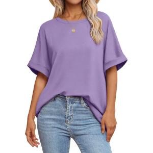 imageATHMILE Womens Oversized T Shirts Summer Tops Spring Casual Loose Fit Workout Short Sleeve 2026 Beach VacationLavender