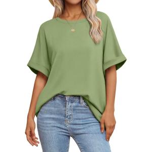 imageATHMILE Womens Oversized T Shirts Summer Tops Spring Casual Loose Fit Workout Short Sleeve 2026 Beach VacationLight Green