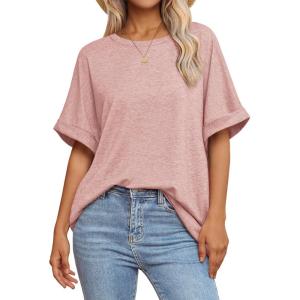 imageATHMILE Womens Oversized T Shirts Summer Tops Spring Casual Loose Fit Workout Short Sleeve 2026 Beach VacationLight Pink