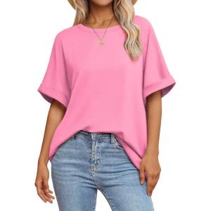 imageATHMILE Womens Oversized T Shirts Summer Tops Spring Casual Loose Fit Workout Short Sleeve 2026 Beach VacationPink