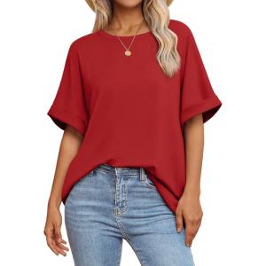 imageATHMILE Womens Oversized T Shirts Summer Tops Spring Casual Loose Fit Workout Short Sleeve 2026 Beach VacationRed