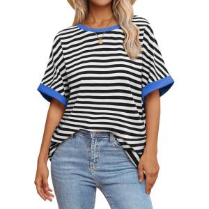 imageATHMILE Womens Oversized T Shirts Summer Tops Spring Casual Loose Fit Workout Short Sleeve 2026 Beach VacationStriped Black  White