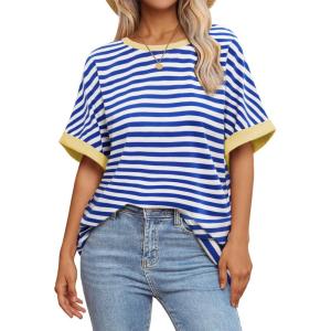 imageATHMILE Womens Oversized T Shirts Summer Tops Spring Casual Loose Fit Workout Short Sleeve 2026 Beach VacationStriped Blue  White