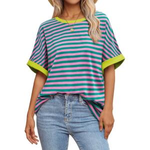 imageATHMILE Womens Oversized T Shirts Summer Tops Spring Casual Loose Fit Workout Short Sleeve 2026 Beach VacationStriped Pink  Green