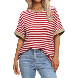 imageATHMILE Womens Oversized T Shirts Summer Tops Spring Casual Loose Fit Workout Short Sleeve 2026 Beach VacationStriped Red  White