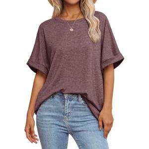 imageATHMILE Womens Oversized T Shirts Summer Tops Spring Casual Loose Fit Workout Short Sleeve 2026 Beach VacationWine Red