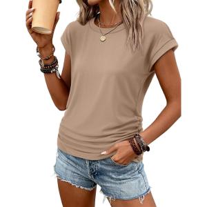 imageATHMILE Womens Summer Tops Cap Sleeve Ruched Tshirts Business Casual Crewneck Trendy Outfits Basic Fashion Dressy ClothesKhaki