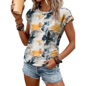 imageATHMILE Womens Summer Tops Cap Sleeve Ruched Tshirts Business Casual Crewneck Trendy Outfits Basic Fashion Dressy ClothesMultiteal