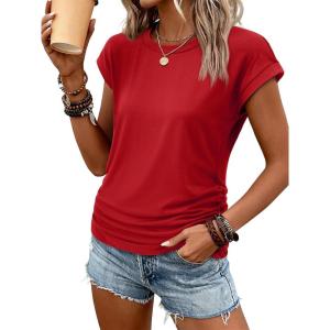 imageATHMILE Womens Summer Tops Cap Sleeve Ruched Tshirts Business Casual Crewneck Trendy Outfits Basic Fashion Dressy ClothesRed