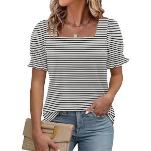 imageATHMILE Womens Summer Tops Square Neck Dressy Casual Blouses Ruffle Sleeve Cute Spring Beach Vacation CausalBlackstripe
