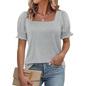 imageATHMILE Womens Summer Tops Square Neck Dressy Casual Blouses Ruffle Sleeve Cute Spring Beach Vacation CausalGreystripe