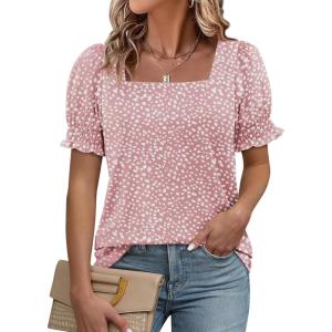 imageATHMILE Womens Summer Tops Square Neck Dressy Casual Blouses Ruffle Sleeve Cute Spring Beach Vacation CausalPink Dot
