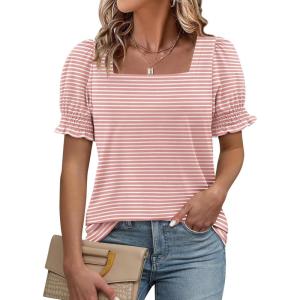 imageATHMILE Womens Summer Tops Square Neck Dressy Casual Blouses Ruffle Sleeve Cute Spring Beach Vacation CausalPinkstripe