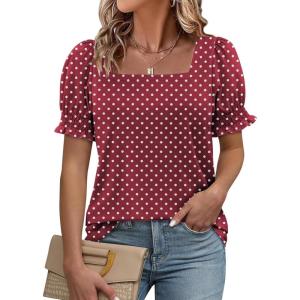 imageATHMILE Womens Summer Tops Square Neck Dressy Casual Blouses Ruffle Sleeve Cute Spring Beach Vacation CausalWine Polka Dot