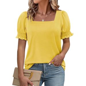 imageATHMILE Womens Summer Tops Square Neck Dressy Casual Blouses Ruffle Sleeve Cute Spring Beach Vacation CausalYellow