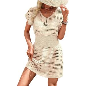 imageATHMILE Womens Swimsuit Cover Up 2026 Short Sleeve V Neck Crochet Bathing Suit Beach Dress Summer Bikini Cover upsApricot