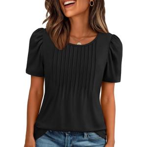imageATHMILE Womens T Shirts Short Sleeve Summer Tops Pleated Dressy Casual Blouses Spring Clothes Beach Vacation 2026Black