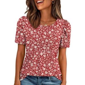 imageATHMILE Womens T Shirts Short Sleeve Summer Tops Pleated Dressy Casual Blouses Spring Clothes Beach Vacation 2026Red Apricot Floral