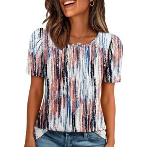 imageATHMILE Womens T Shirts Short Sleeve Summer Tops Pleated Dressy Casual Blouses Spring Clothes Beach Vacation 2026Tiedye Brown