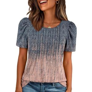 imageATHMILE Womens T Shirts Short Sleeve Summer Tops Pleated Dressy Casual Blouses Spring Clothes Beach Vacation 2026Tiedye Coral