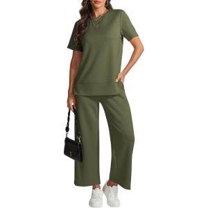 imageATHMILE Womens 2 Piece Lounge Set Fashion Travel Outfits Summer Beach Vacation Tracksuit Comfy Wide Leg Airport LoungewearArmy Green