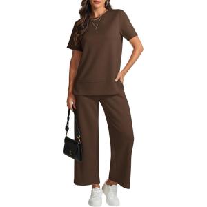 imageATHMILE Womens 2 Piece Lounge Set Fashion Travel Outfits Summer Beach Vacation Tracksuit Comfy Wide Leg Airport LoungewearCoffee