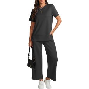 imageATHMILE Womens 2 Piece Lounge Set Fashion Travel Outfits Summer Beach Vacation Tracksuit Comfy Wide Leg Airport LoungewearDark Grey