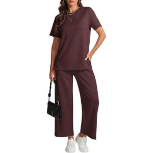 imageATHMILE Womens 2 Piece Lounge Set Fashion Travel Outfits Summer Beach Vacation Tracksuit Comfy Wide Leg Airport LoungewearDark Purple