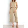 imageATHMILE Womens Summer 2 Piece Outfits Sleeveless Tank Crop Button Back Top Cropped Wide Leg Pants Set PocketsKhaki
