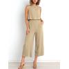 imageATHMILE Womens Summer 2 Piece Outfits Sleeveless Tank Crop Button Back Top Cropped Wide Leg Pants Set PocketsKhaki