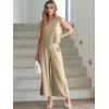 imageATHMILE Womens Summer 2 Piece Outfits Sleeveless Tank Crop Button Back Top Cropped Wide Leg Pants Set PocketsKhaki