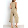 imageATHMILE Womens Summer 2 Piece Outfits Sleeveless Tank Crop Button Back Top Cropped Wide Leg Pants Set PocketsKhaki