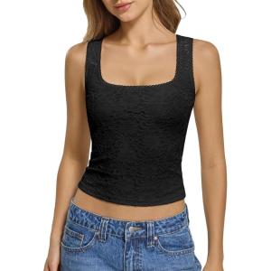 imageATHMILE Tank Top for Women Crop Square Neck Lace Trim Spring Summer Sleeveless Double Lined Basic Going Out Y2k Outfits 2026Black