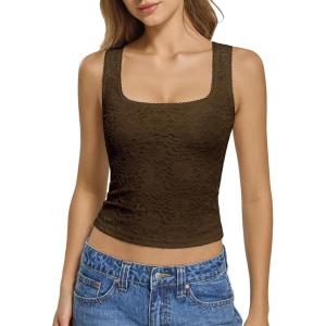 imageATHMILE Tank Top for Women Crop Square Neck Lace Trim Spring Summer Sleeveless Double Lined Basic Going Out Y2k Outfits 2026Brown