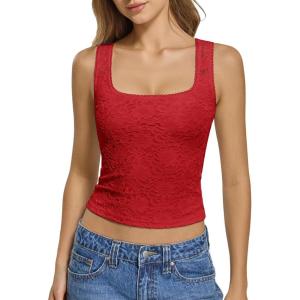 imageATHMILE Tank Top for Women Crop Square Neck Lace Trim Spring Summer Sleeveless Double Lined Basic Going Out Y2k Outfits 2026Red