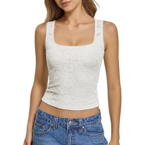 imageATHMILE Tank Top for Women Crop Square Neck Lace Trim Spring Summer Sleeveless Double Lined Basic Going Out Y2k Outfits 2026White