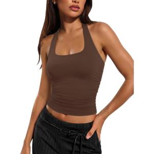 imageATHMILE Womens Halter Tank Tops Sexy Backless Double Lined Basic Shirts Y2K Trendy Going Out TopsBrown