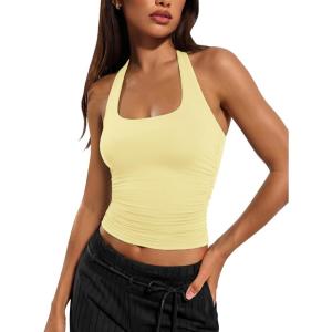 imageATHMILE Womens Halter Tank Tops Sexy Backless Double Lined Basic Shirts Y2K Trendy Going Out TopsLight Yellow