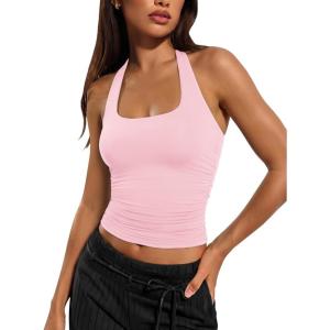 imageATHMILE Womens Halter Tank Tops Sexy Backless Double Lined Basic Shirts Y2K Trendy Going Out TopsPink