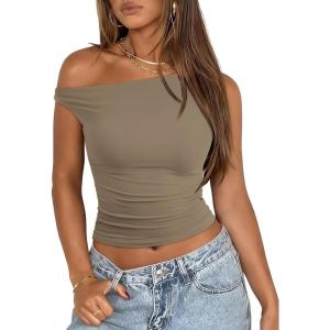 imageATHMILE Womens Off The Shoulder Tops Summer Sleeveless Shirts Going Out Crop Tank Top Y2K T Corset Tube Fashion Outfits 2026Light Brown