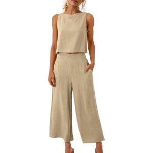 imageATHMILE Womens Summer 2 Piece Outfits Sleeveless Tank Crop Button Back Top Cropped Wide Leg Pants Set PocketsKhaki