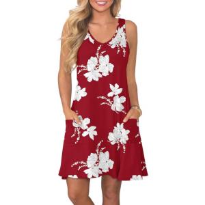 imageATHMILE Womens Summer Dresses V Neck Sleeveless Tank Sundresses Beach Vacation Casual Clothes with PocketsRed White Flowers