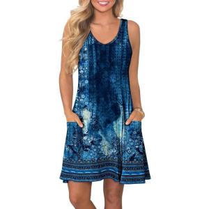 imageATHMILE Womens Summer Dresses V Neck Sleeveless Tank Sundresses Beach Vacation Casual Clothes with PocketsRetro Blue Flowers